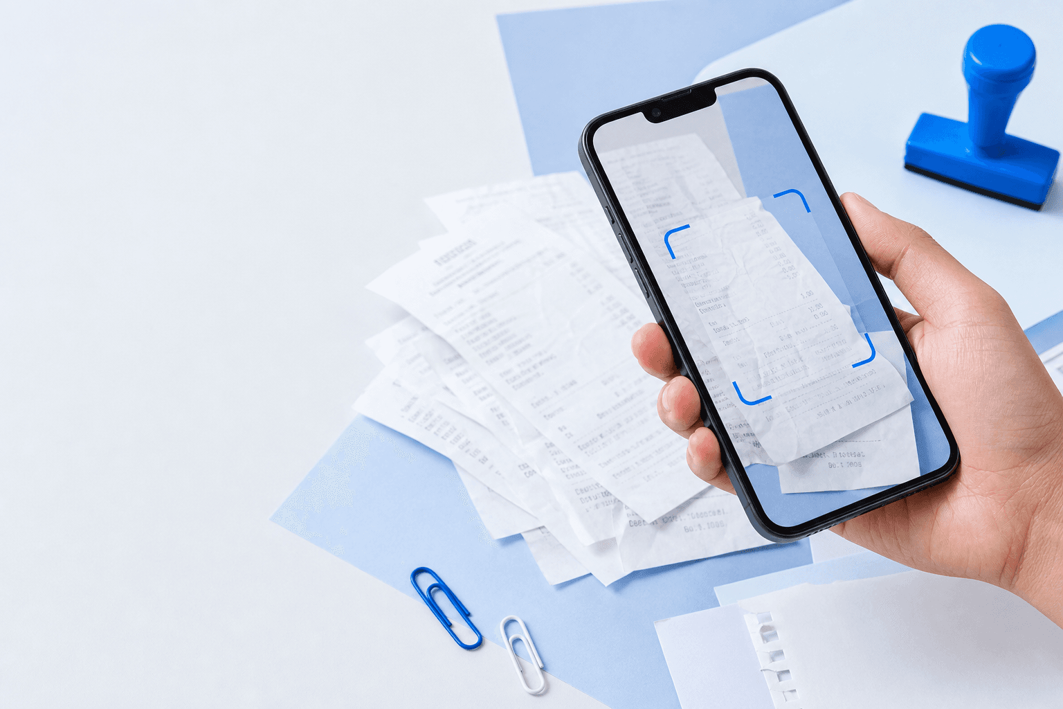 A phone scanning a receipt beside a bright stack of paperwork